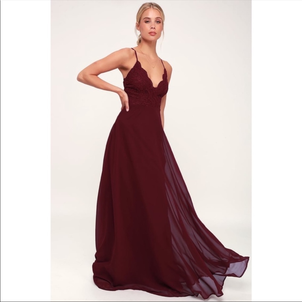 Lulu’s Madalyn Maroon/Burgundy Floral Lace Bridesmaid Formal Maxi Event Gown